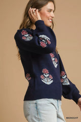 Umgee Floral Knit Sweater with Puff Sleeves 