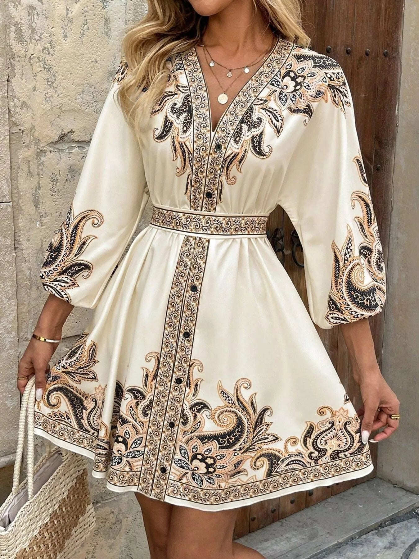 Printed Balloon Sleeve Mini Dress 