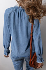 Half Button Long Sleeve Denim Top 