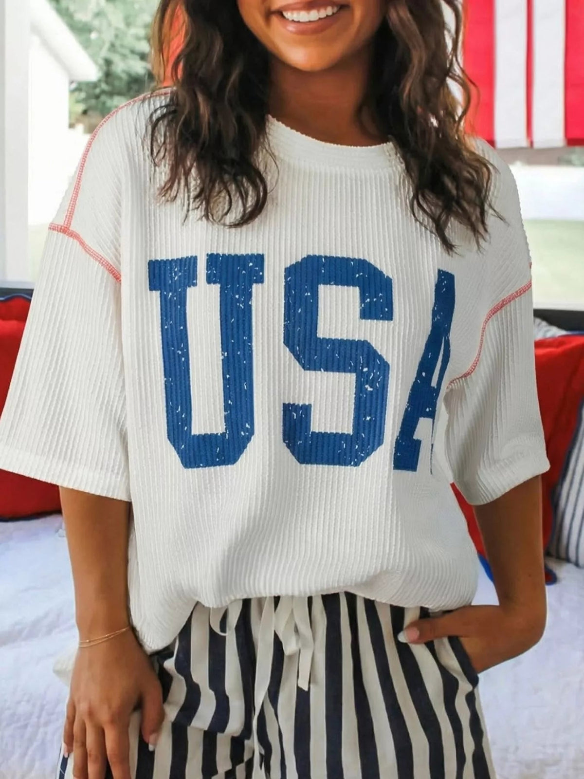 USA Graphic Half Sleeve Loose Ribbed Top 