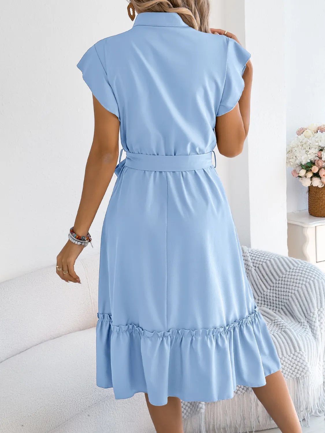 Tie Waist Ruffled Cap Sleeve Dress 
