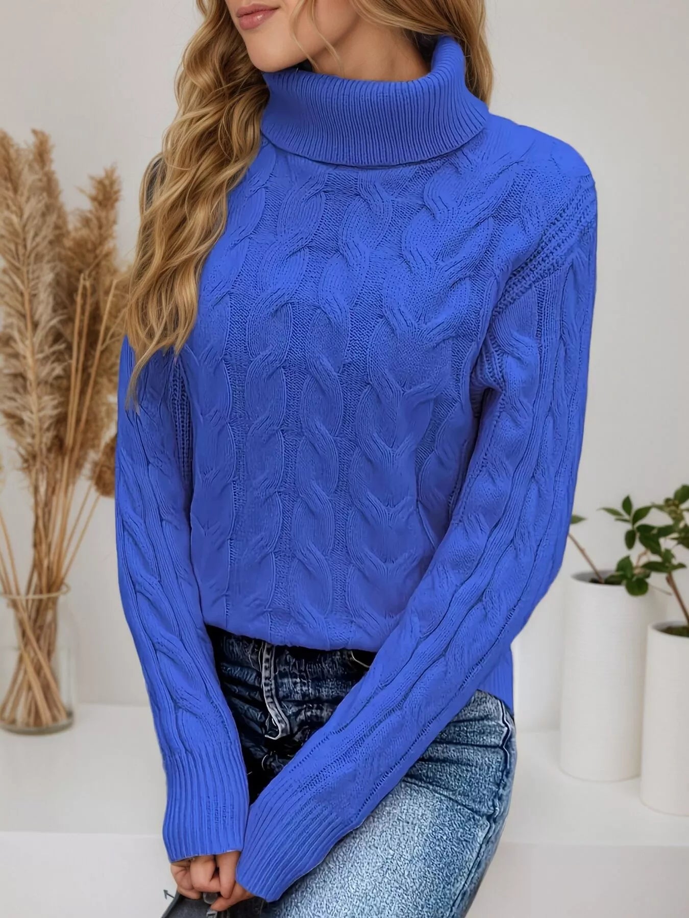 Cable Knit Turtleneck Long Sleeve Sweater 
