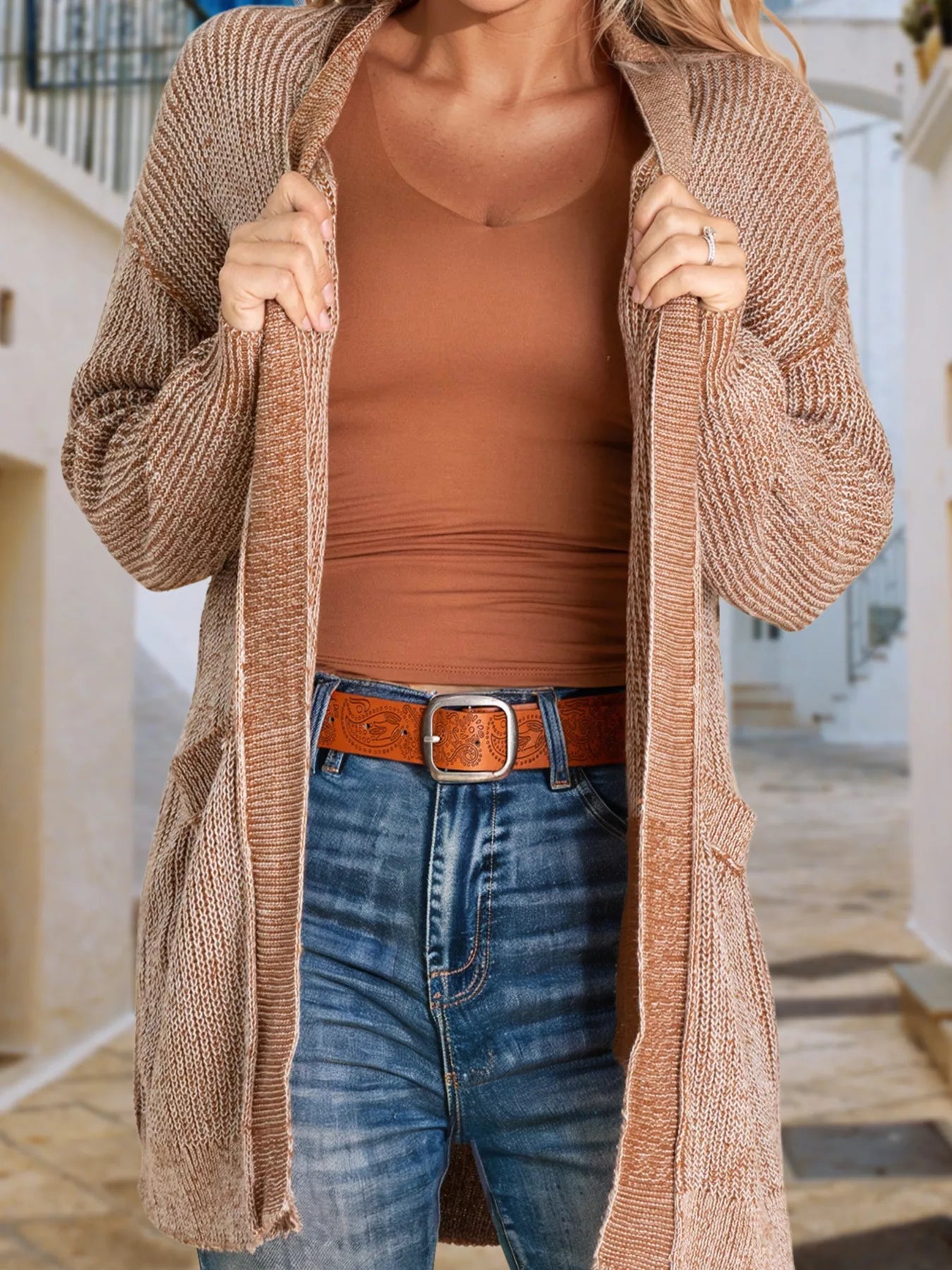 Open Front Dropped Shoulder Cardigan with Pockets 