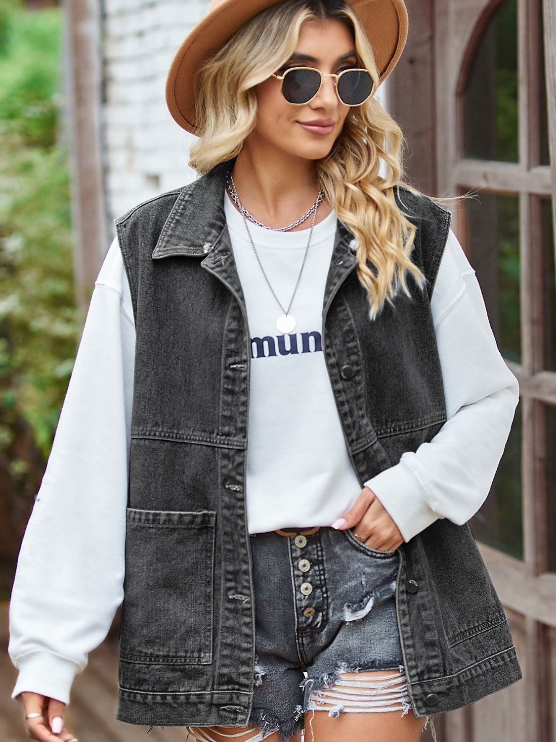Button Front Sleeveless Denim Jacket 