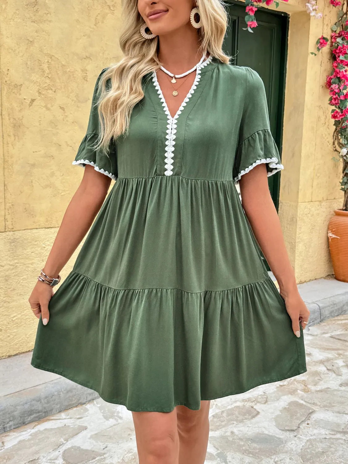 Lace Detail Notched Flounce Sleeve Mini Dress 