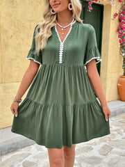 Lace Detail Notched Flounce Sleeve Mini Dress 