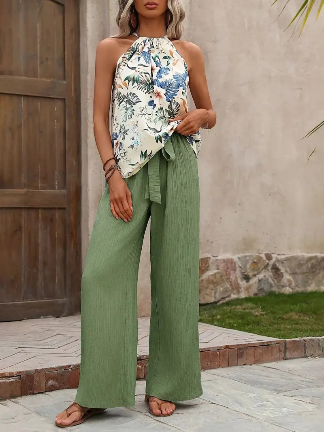 Printed Tank Top and Wide Leg Pants Set 