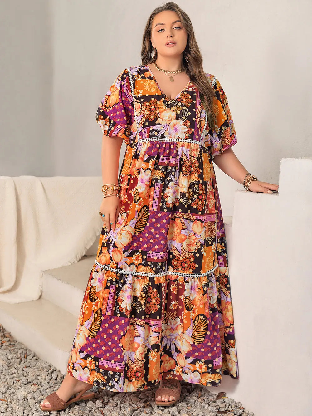 Plus Size Printed V-Neck Half Sleeve Maxi Dress 