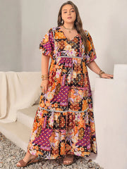 Plus Size Printed V-Neck Half Sleeve Maxi Dress 