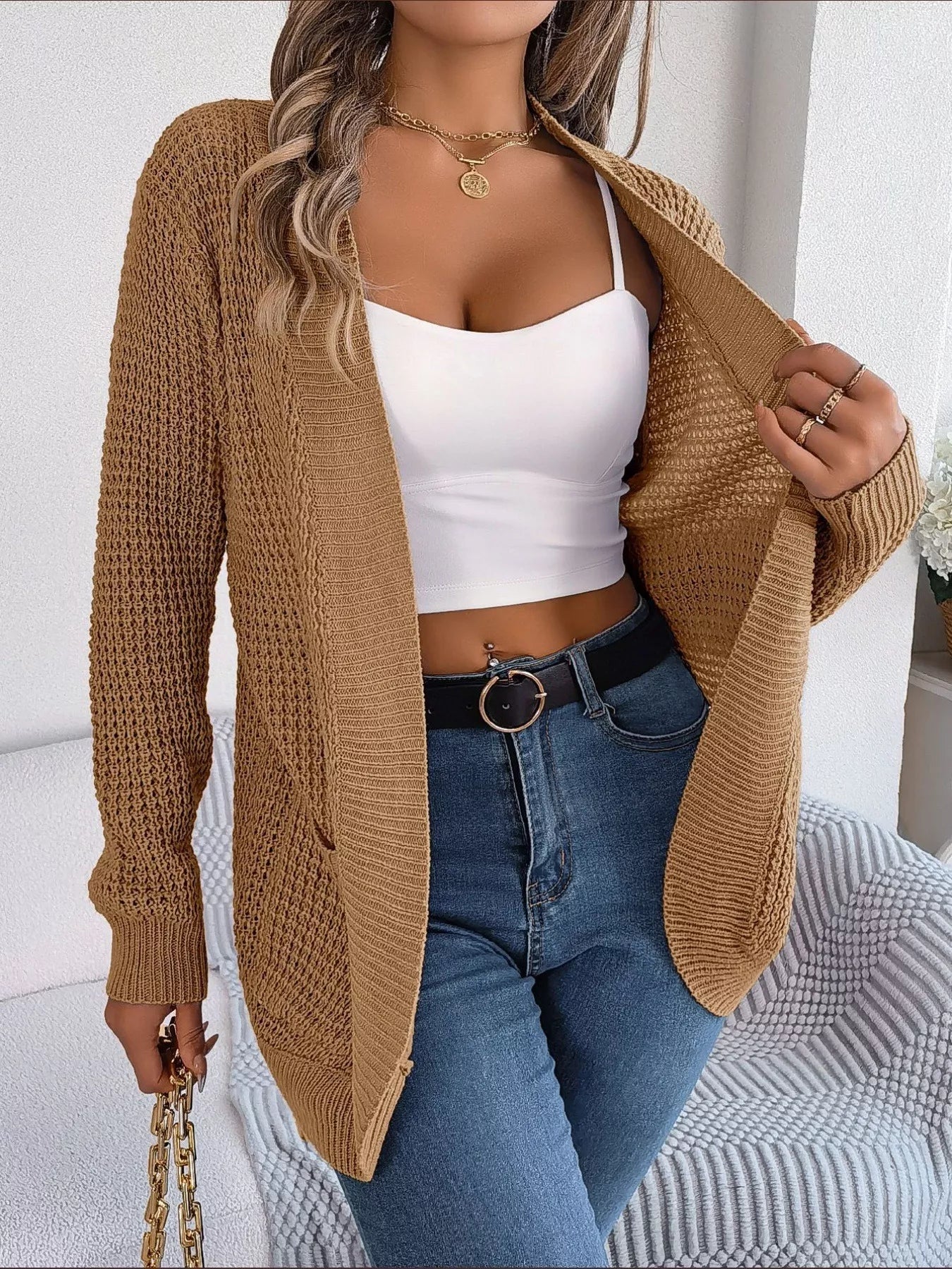 Chunky Knit Open Front Cardigan with Pockets 