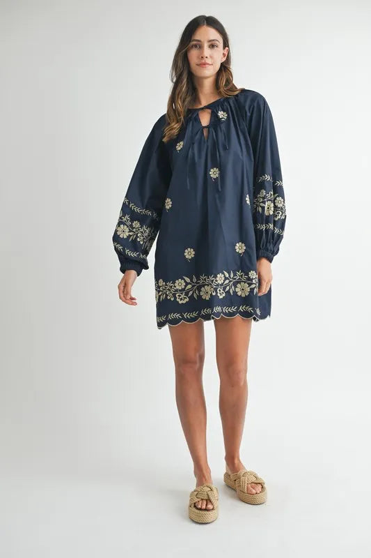 MABLE Embroidered Long Sleeve Peasant Mini Dress 