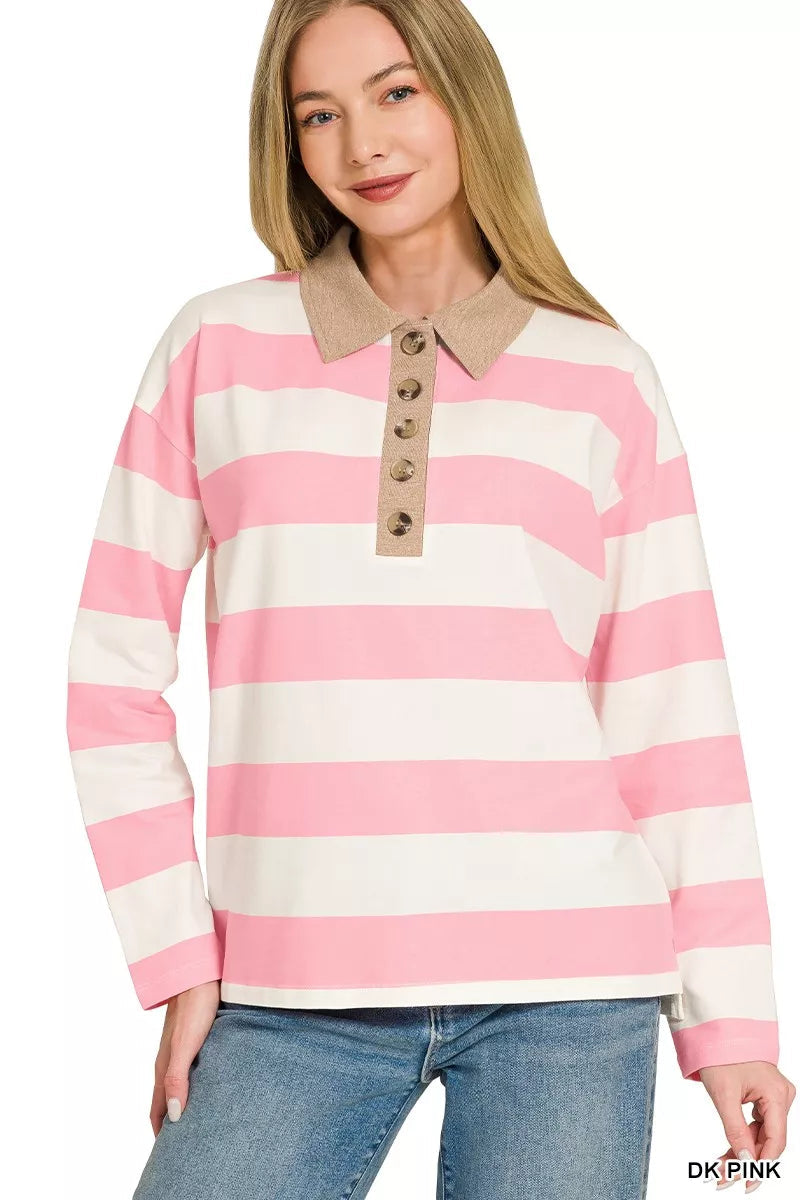 Zenana Striped Contrast Collar Polo Top 