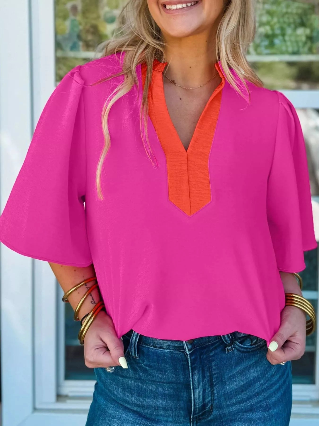 Notched Half Sleeve Blouse 