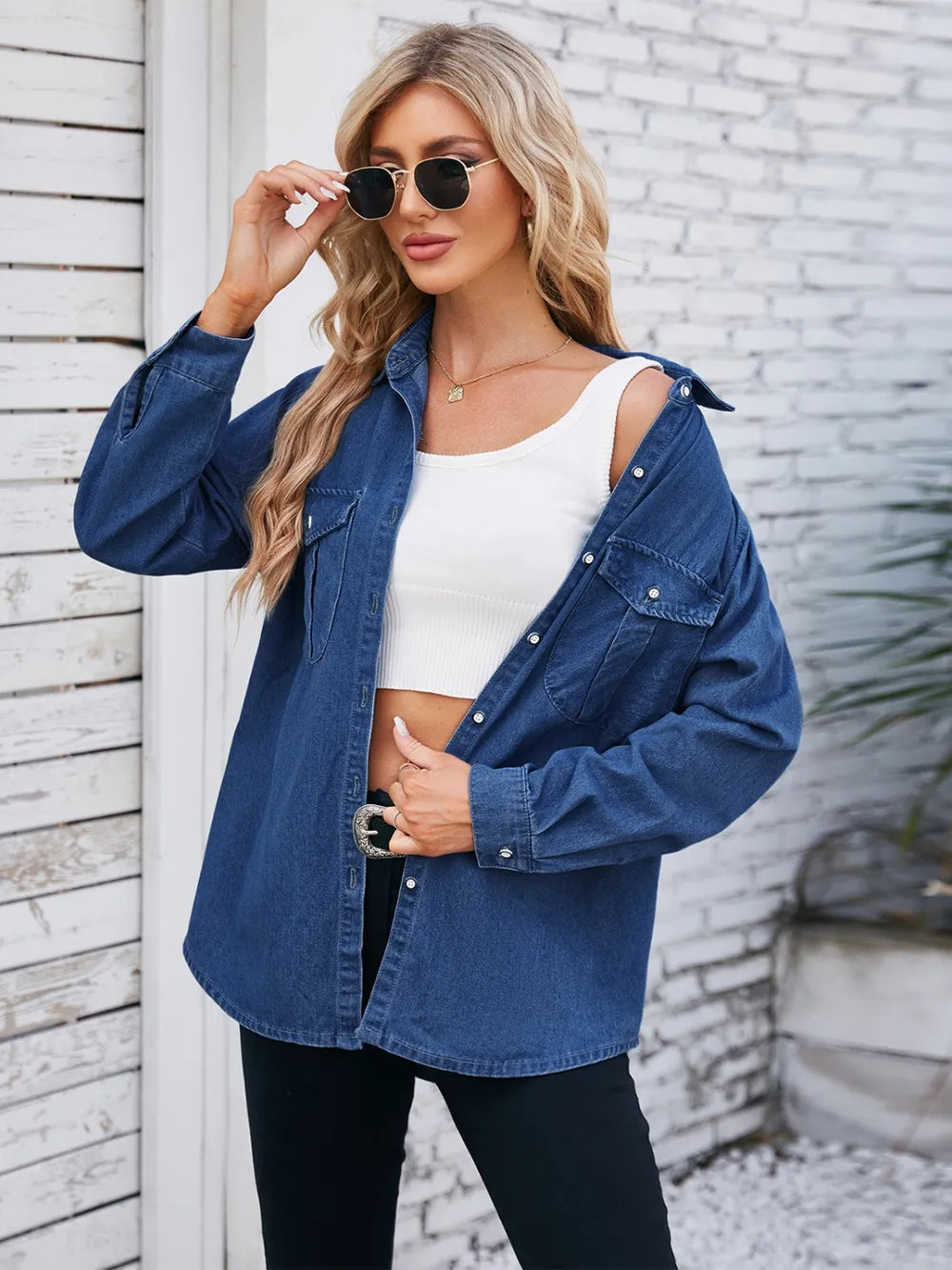 Button Up Collared Neck Denim Jacket 