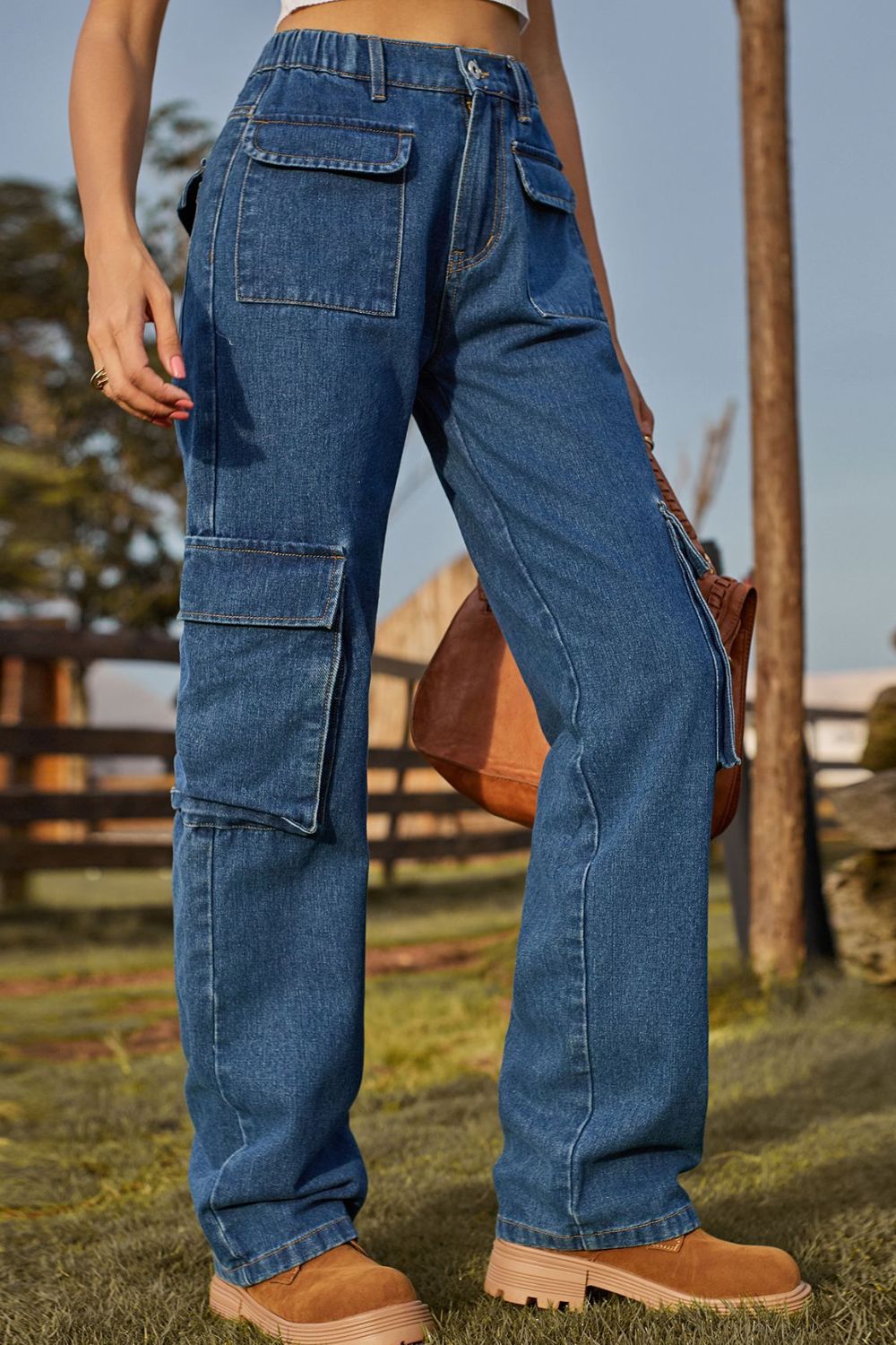 Loose Fit Long Jeans with Pockets 