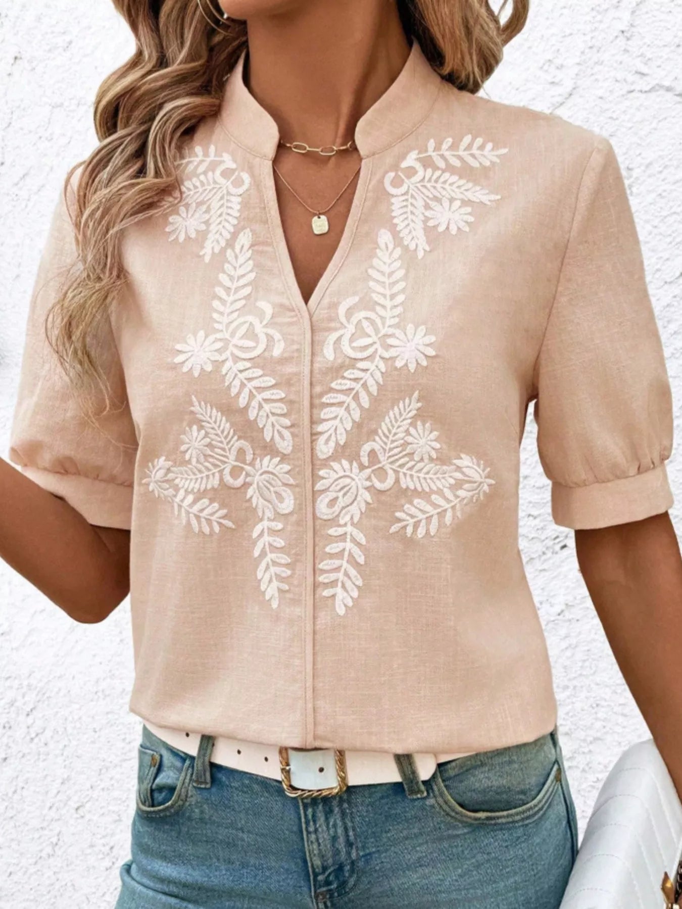 Embroidered Notched Short Sleeve Blouse 