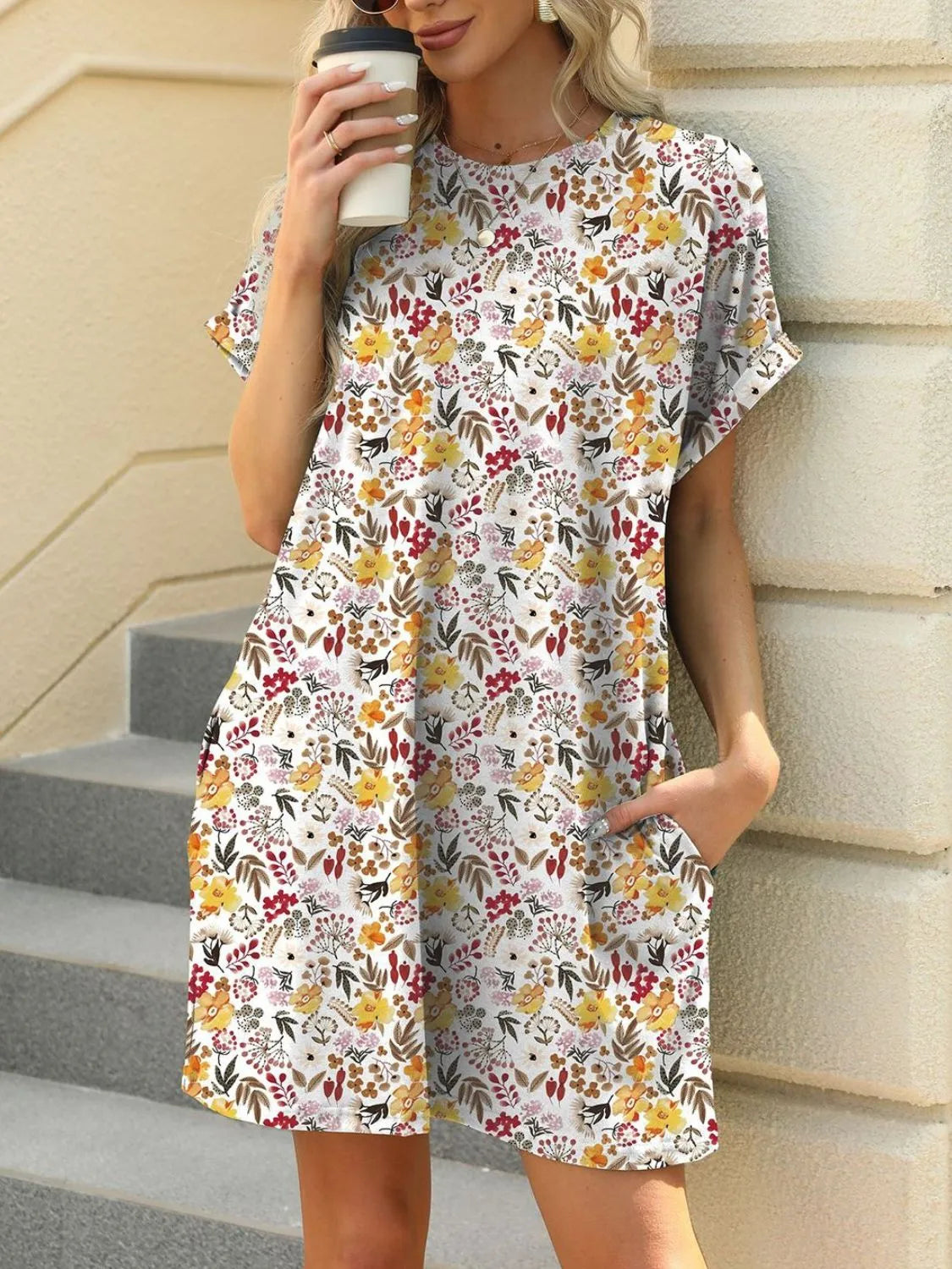 Printed Round Neck Short Sleeve Mini Dress 