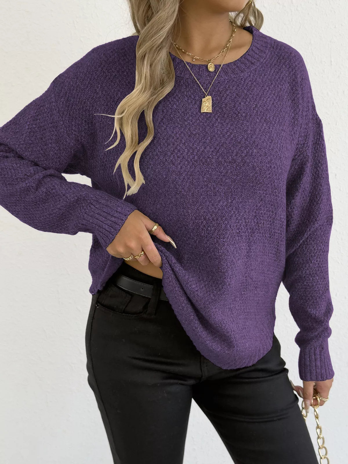 Textured Knit Relaxed Fit Round Neck Sweater 