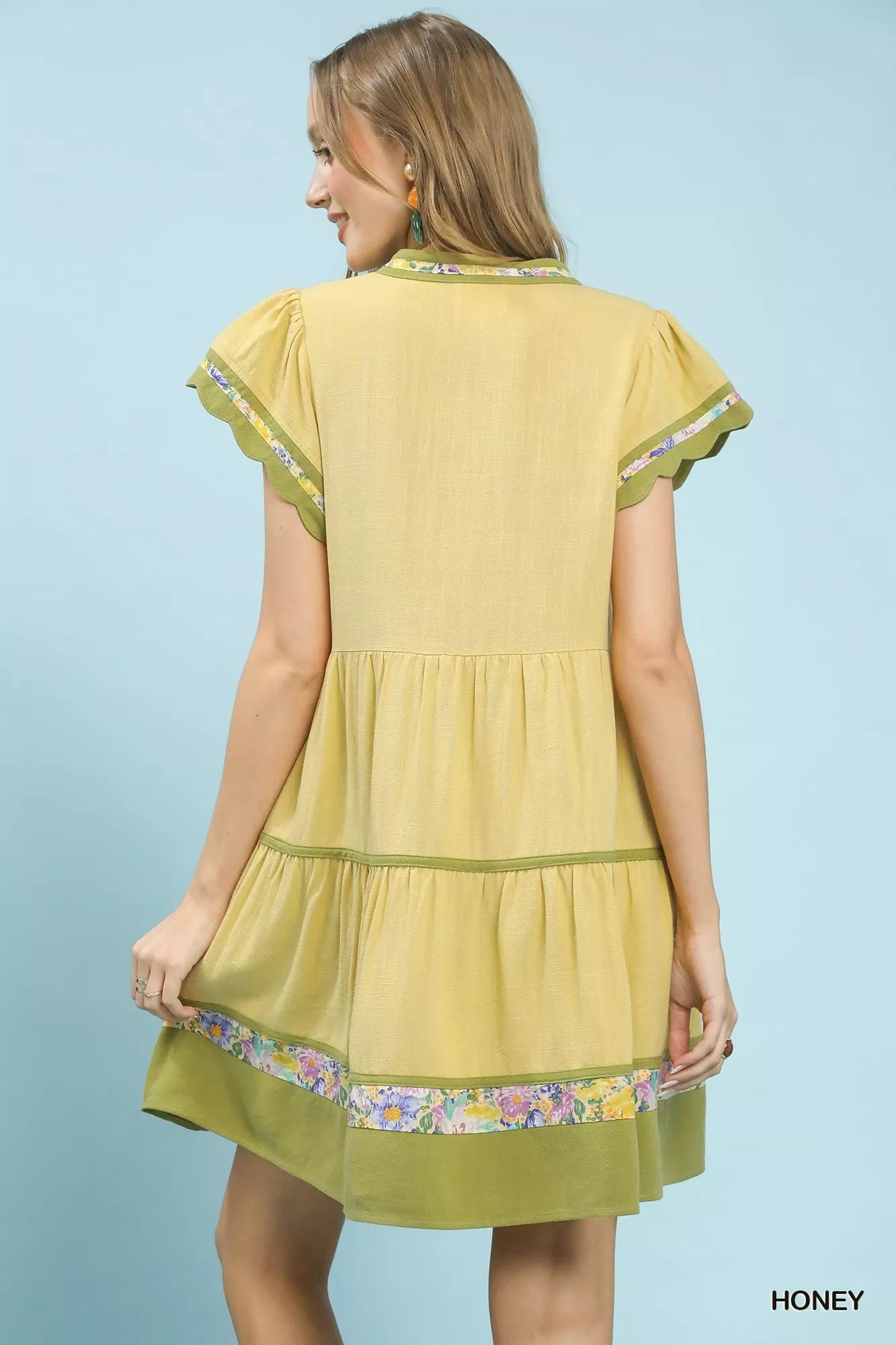 Umgee Linen Tiered Flutter Sleeve Dress with Floral Trim 
