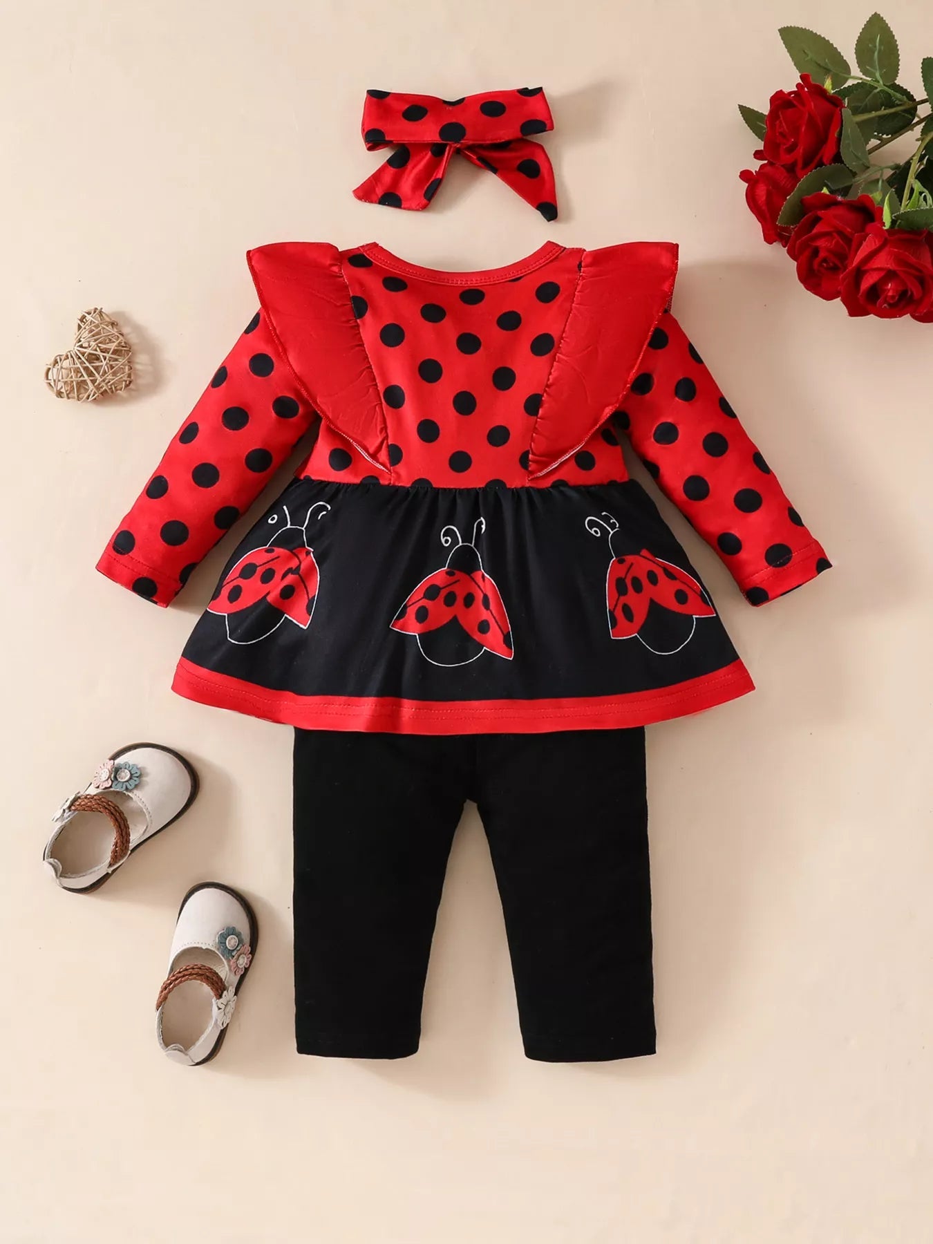 Children's Ruffled Top and Pants Set with Headband 