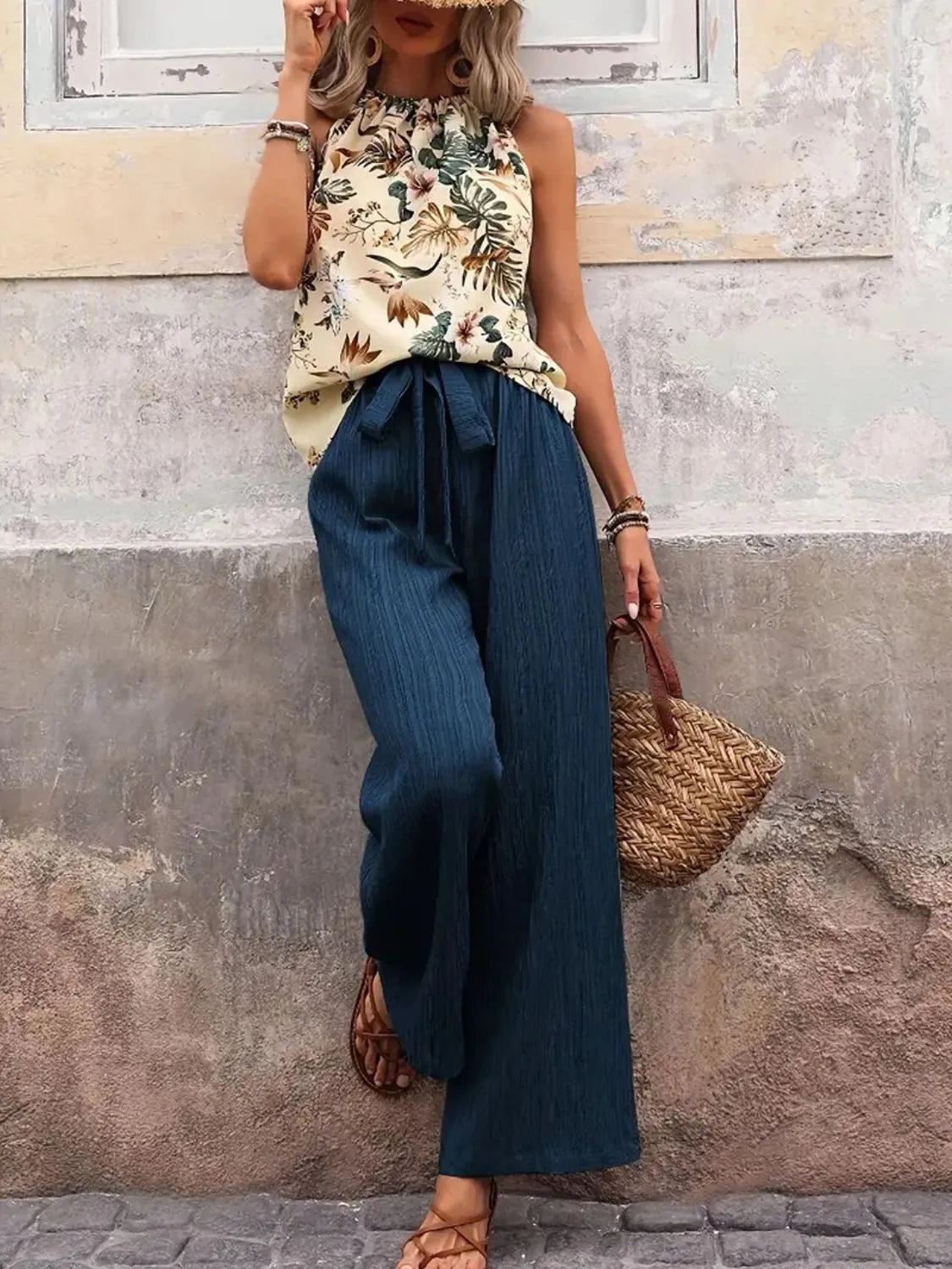 Printed Tank Top and Wide Leg Pants Set 