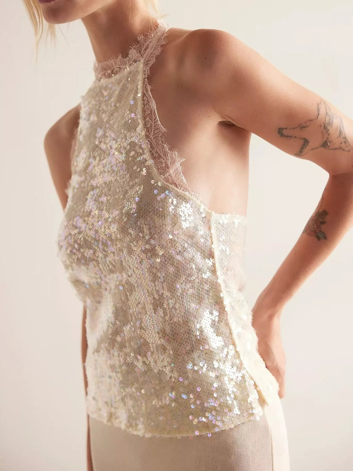 Sequin Lace Trim Halter Neck Cami 