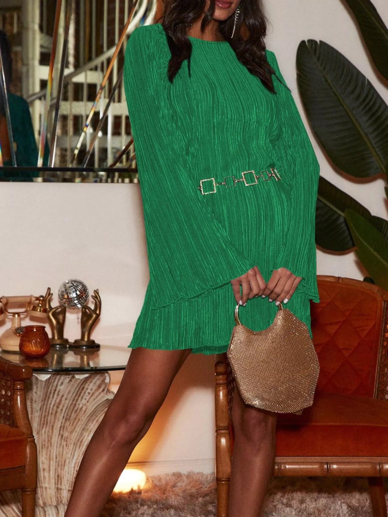 Cutout Back Flare Sleeve Dress 
