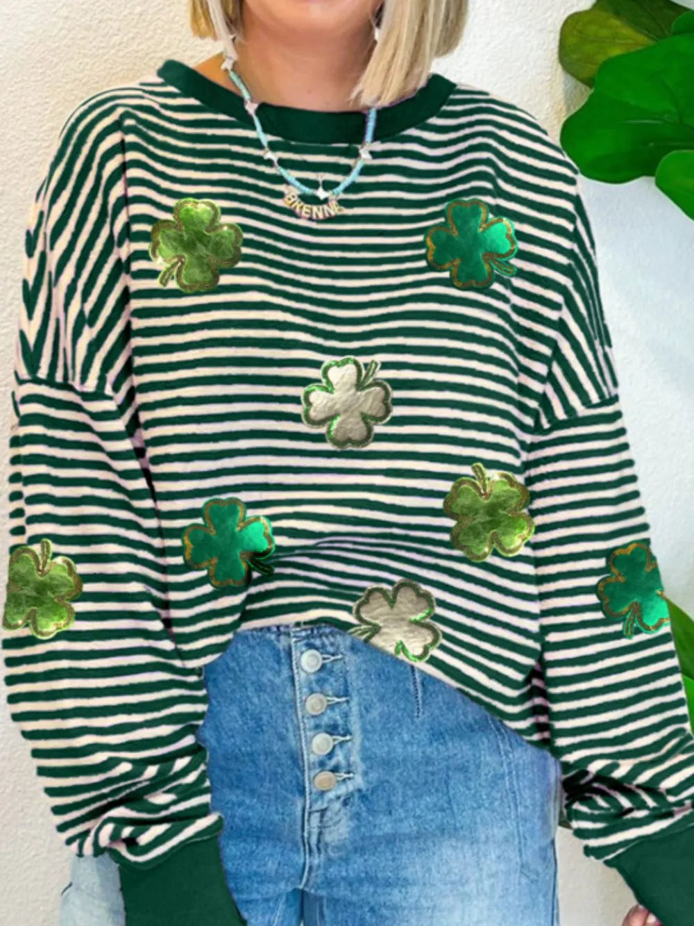 Stripe Lucky Clover Drop Shoulder Sweatshirt 