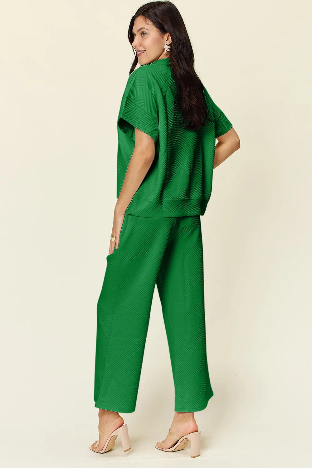 Double Take Full Size Texture Half Zip Short Sleeve Top and Pants Set 