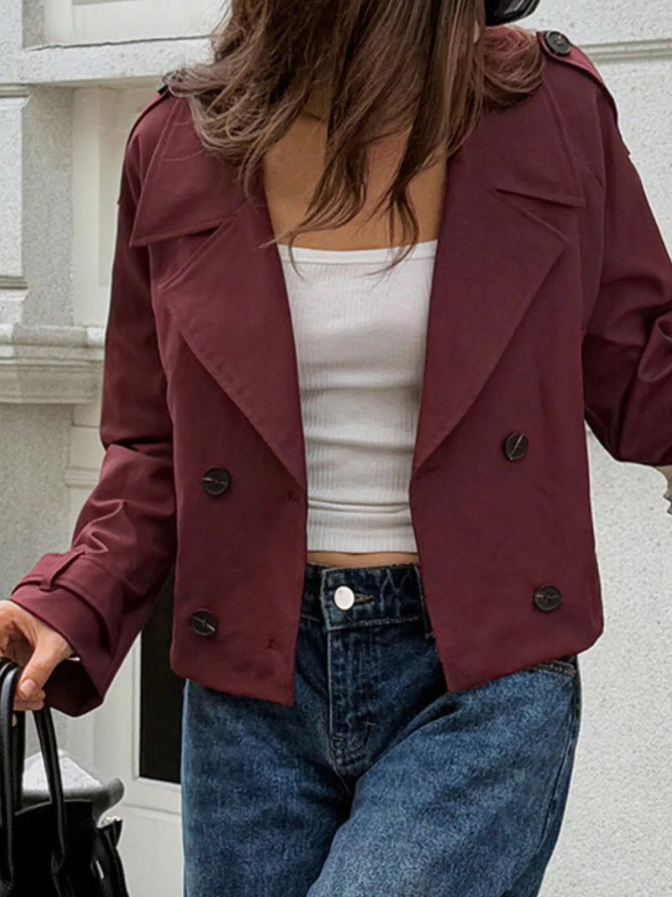 Cropped Double-Breasted Raglan Sleeve Jacket 