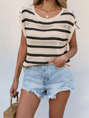 Openwork Round Neck Cap Sleeve Knit Top 
