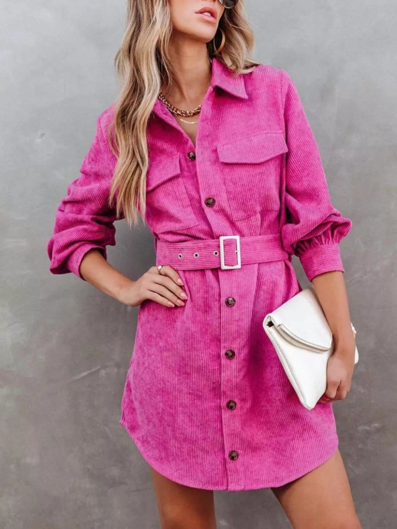 Button Front Belt Long Sleeve Corduroy Dress 
