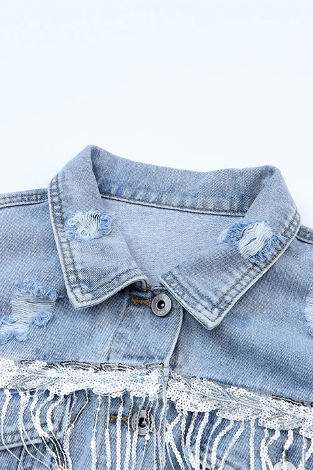 Sequin Fringe Trim Distressed Button Up Denim Jacket 