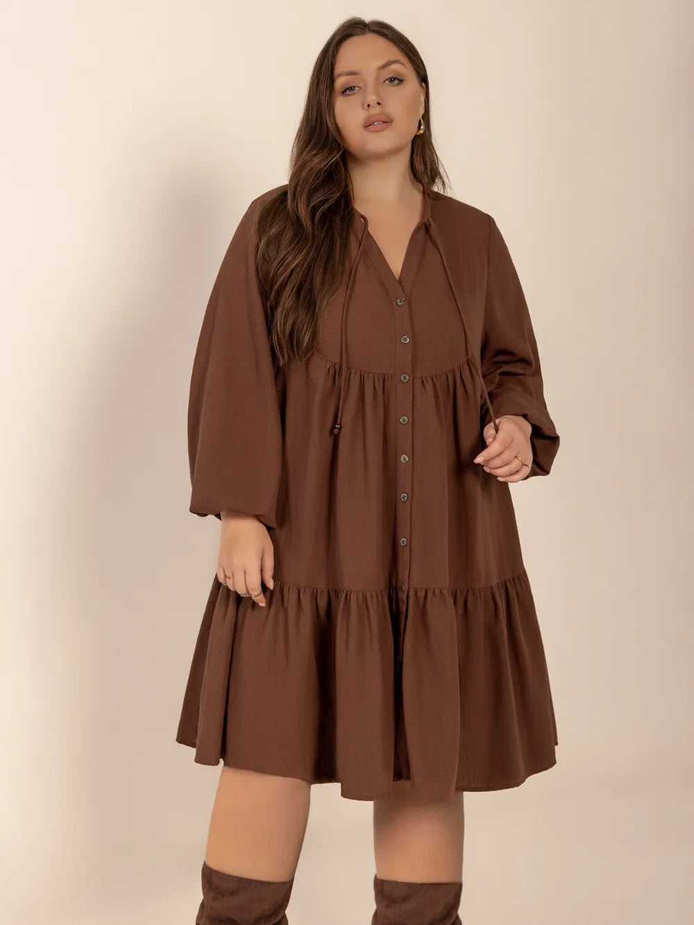 Plus Size Tie Neck Balloon Sleeve Tiered Dress 