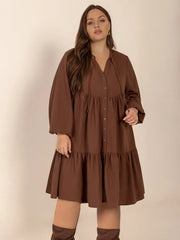Plus Size Tie Neck Balloon Sleeve Tiered Dress 