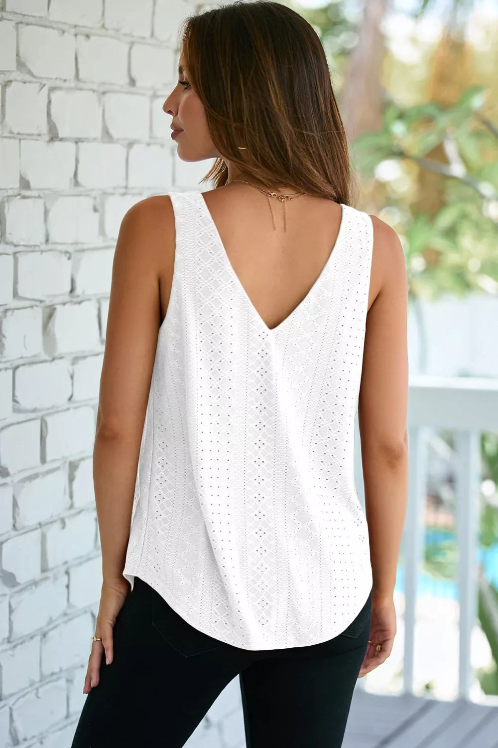 Eyelet Knit Patterned Loose V Neck Tank Top 