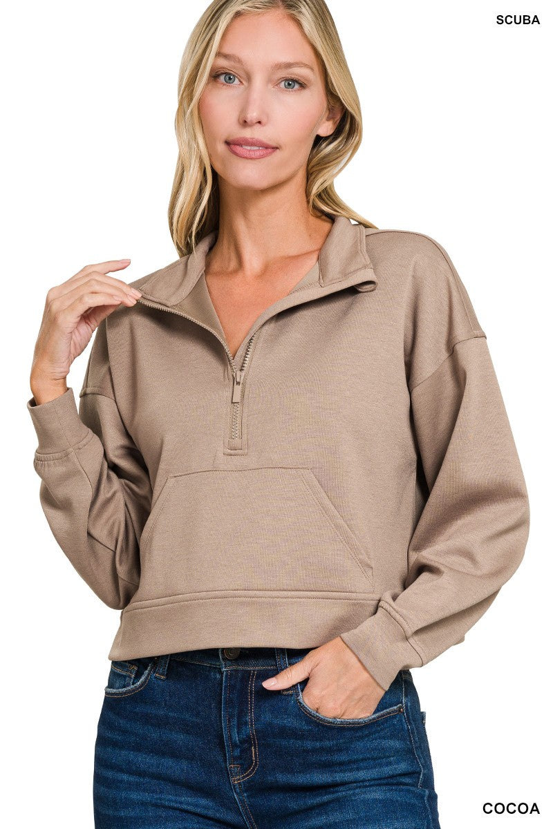 Zenana Scuba Half Zip Pullover With Kangaroo Pockets 