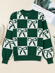 Checkered Bow Round Neck Casual Sweater 