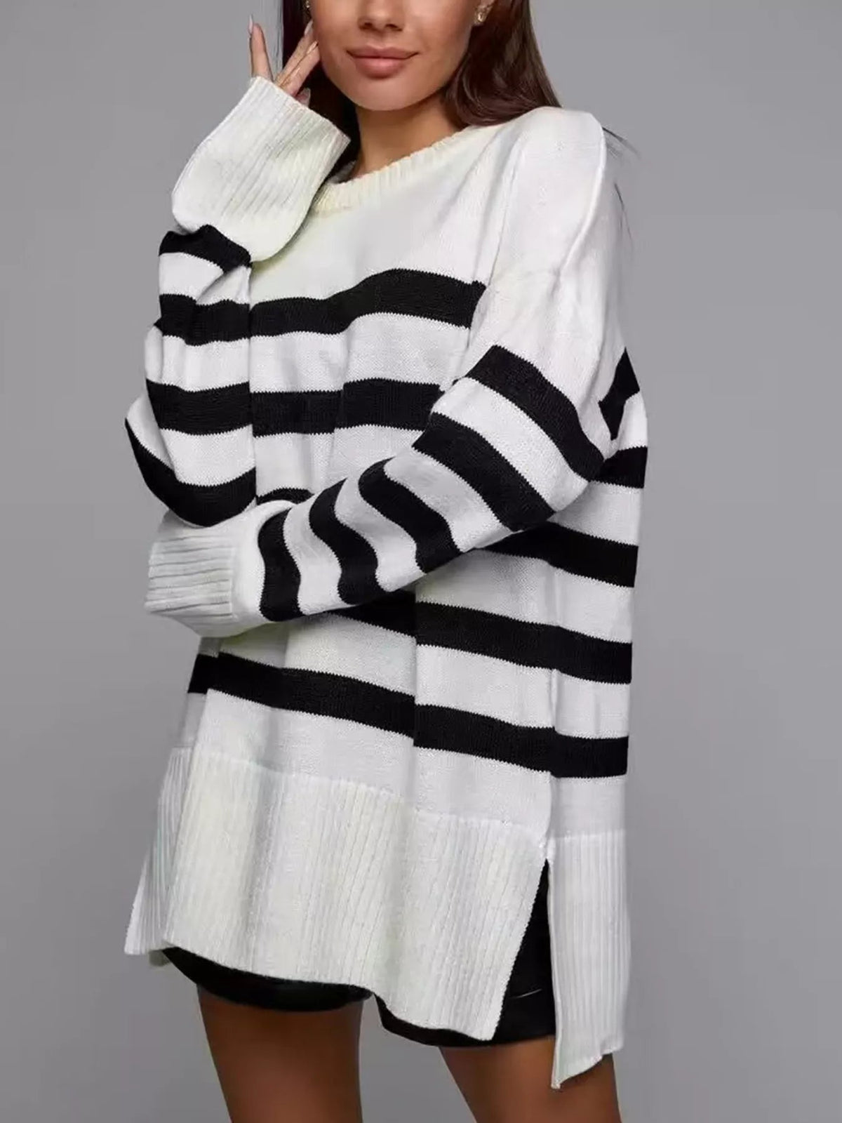 Side Slit Striped Oversized Knit Sweater 