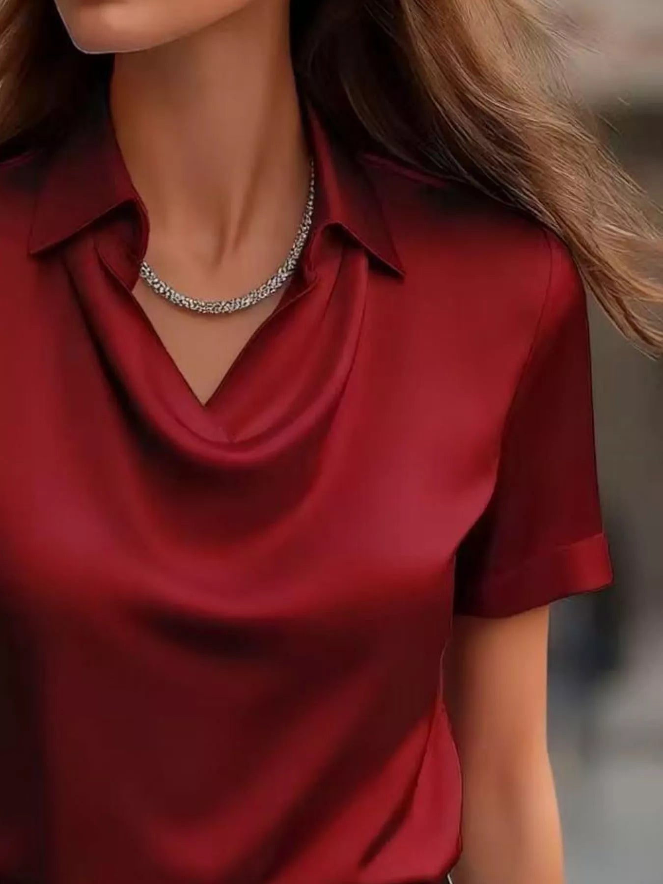 Full Size Cowl Neck Short Sleeve Satin Blouse Plus Size 