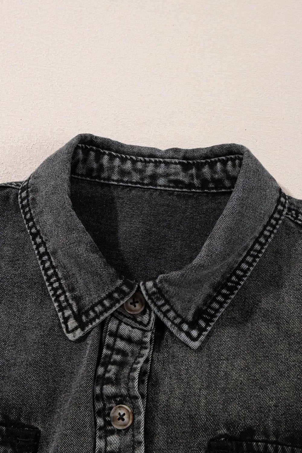 Short Sleeve Flap Pocket Button Up Raw Hem Denim Shirt 