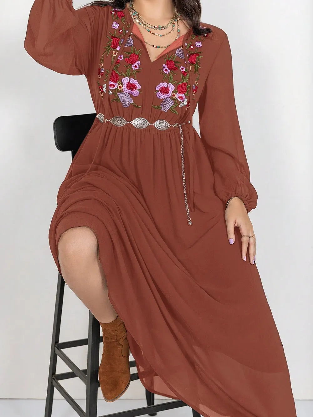 Plus Size Embroidered Tie Neck Long Sleeve Dress 