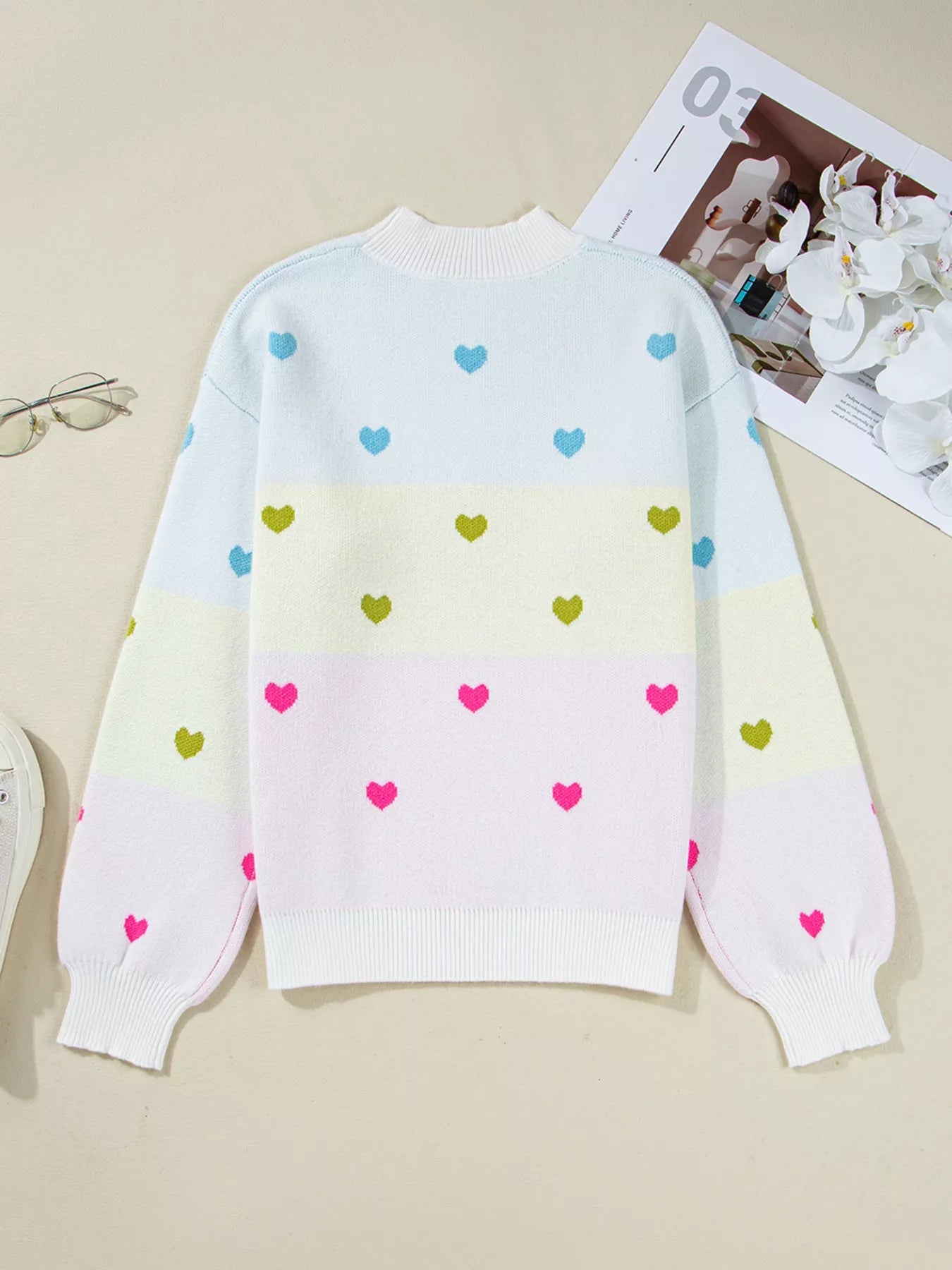 Multicolour Heart Pattern Dropped Shoulder Sweater 