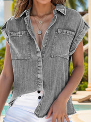 Collared Neck Cap Sleeve Denim Top 