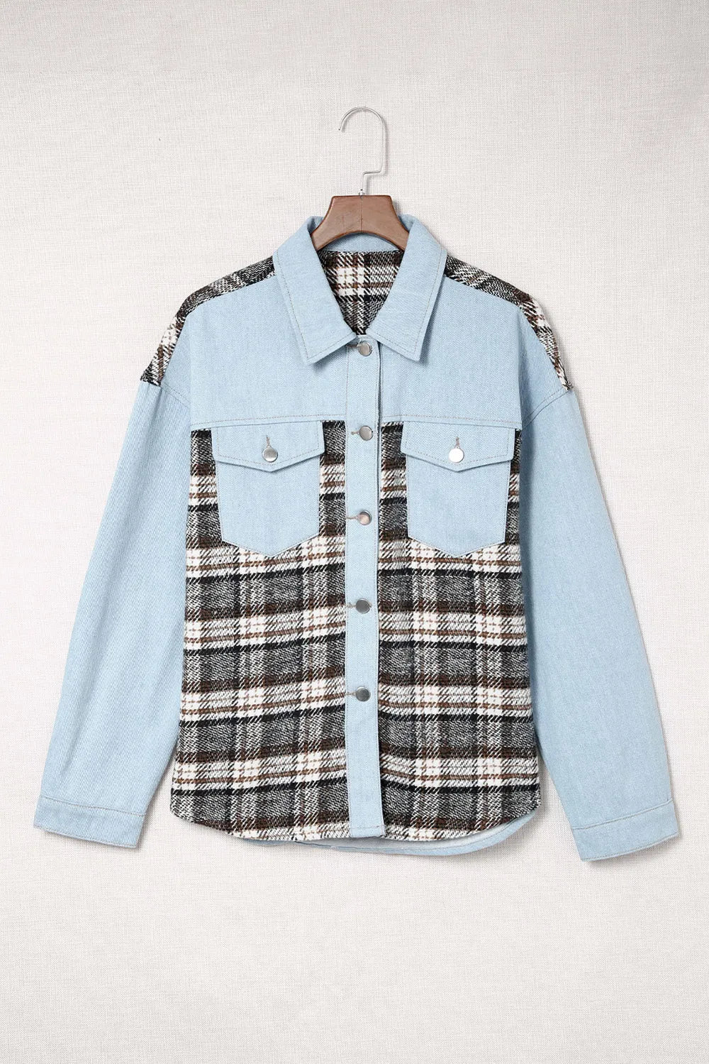 Plaid Pocketed Button Up Denim Jacket 
