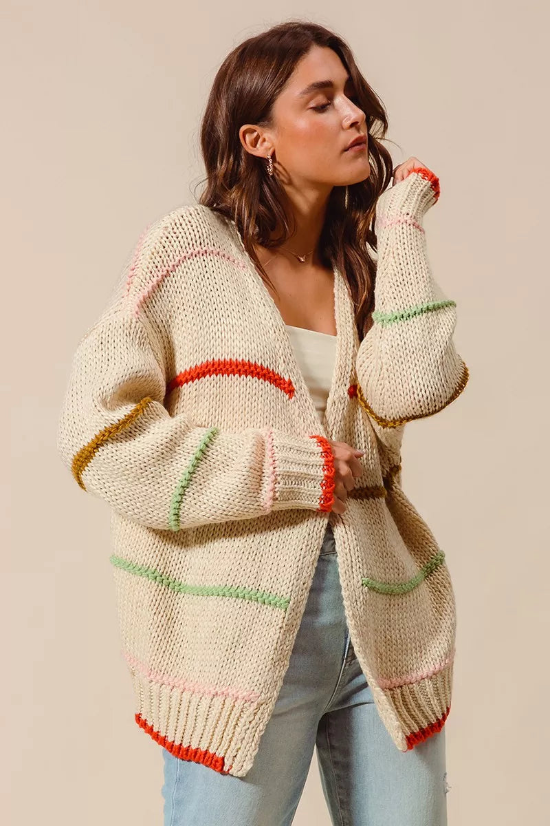 SO ME Loose Fit Multi Stripe Open Front Cardigan 