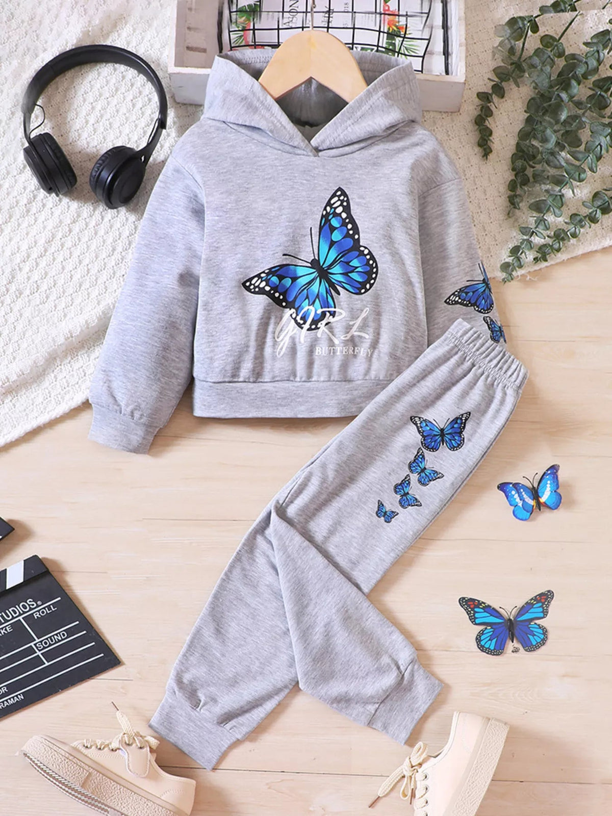 Childrens's Butterfly Print Hoodie & Pants Set 