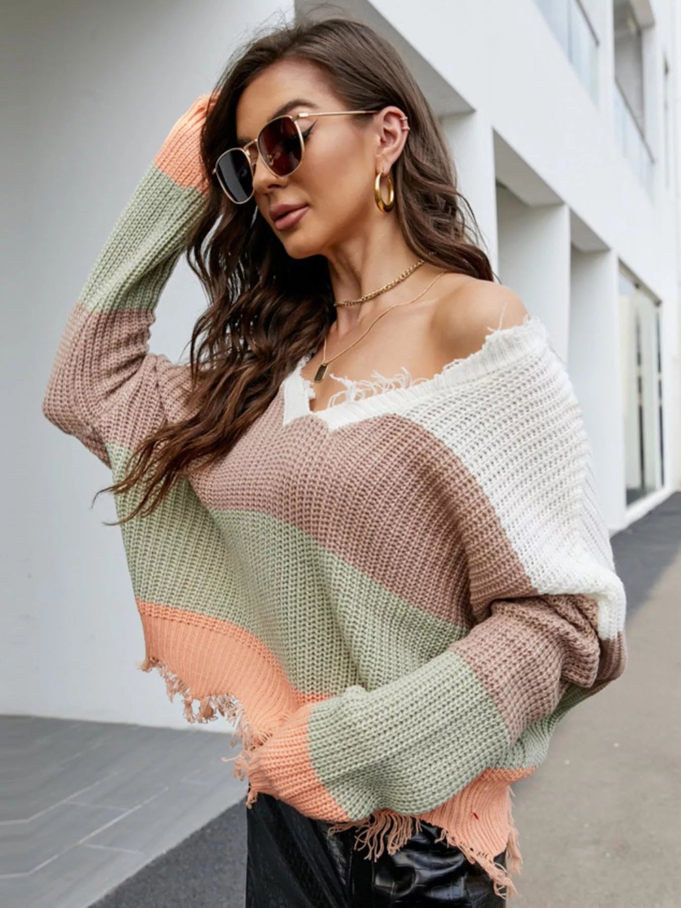 Frayed Hem Long Sleeve Sweater 