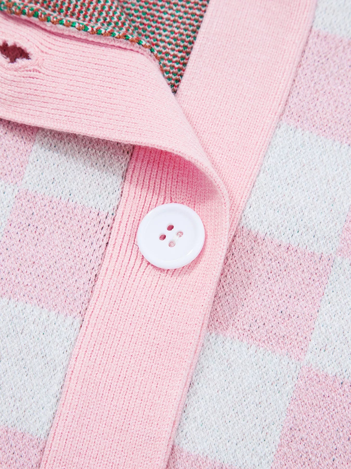 Christmas Tree Pattern Checkered Button V Neck Cardigan 