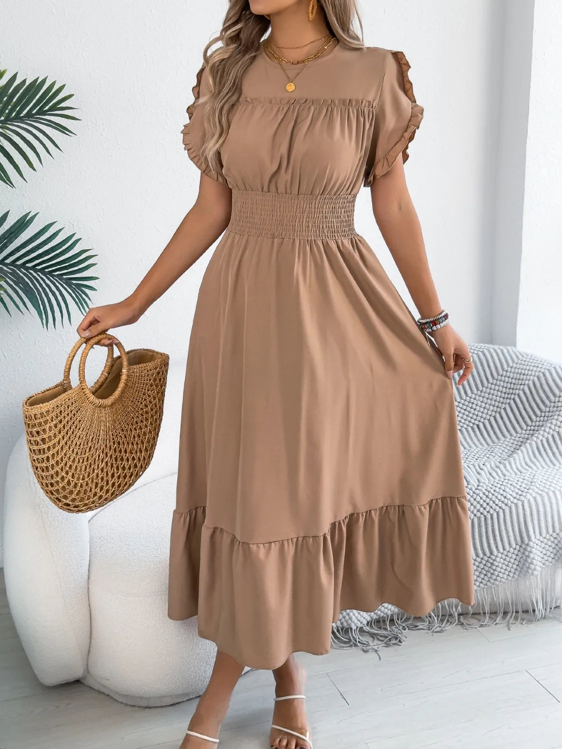 Smocked Frill Round Neck Midi Dress 